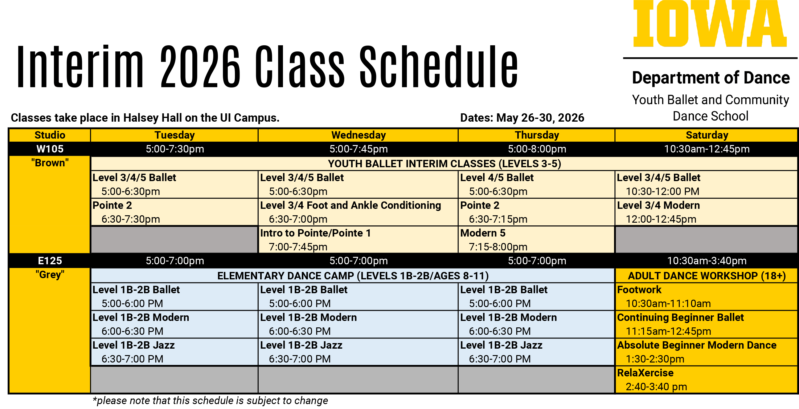 Block Schedule for Interim Session